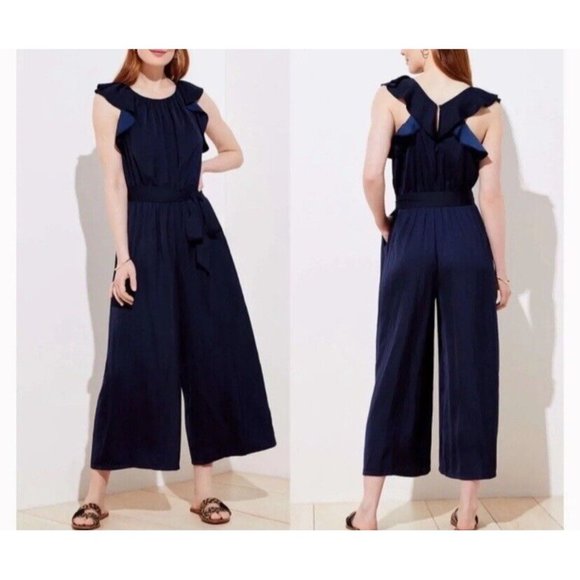LOFT Pants - NEW LOFT Jumpsuit Womens 10 Navy Blue Flutter Sleeve Tie Waist Pockets 9434